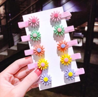 Kids Hair Clips Set – Cartoon Flower, Strawberry & Bow Hairpins (10-Piece)